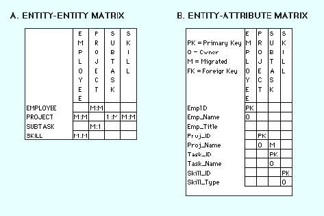 Figure 1 shows examples of an ENTITY-ENTITY matrix and an ENTITY-ATTRIBUTE matrix.